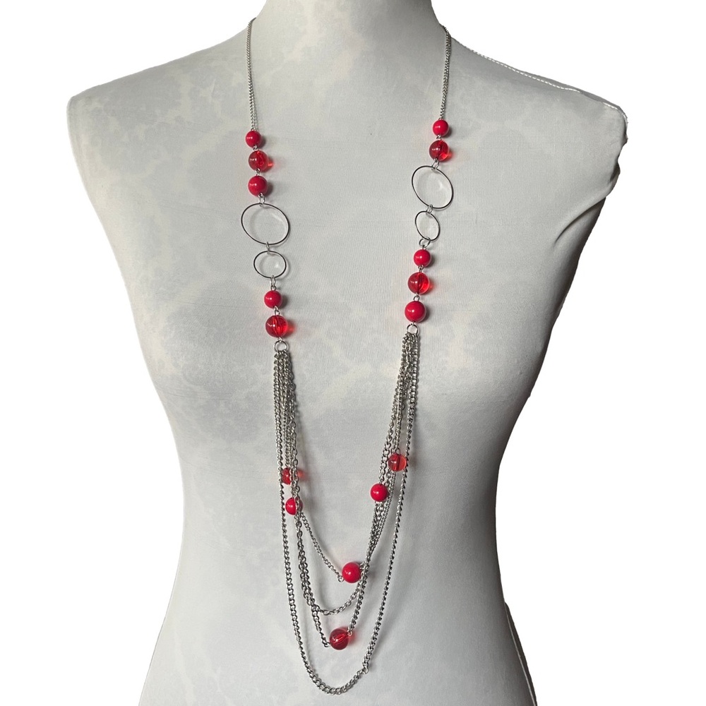 Layered Red Beaded Statement Necklace – Silver Tone Multi-Strand